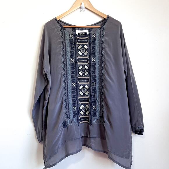 Johnny Was Biya Alka Silk Embroidered Tunic Top Size M Boho Lagenlook Artsy Folk - Picture 1 of 8